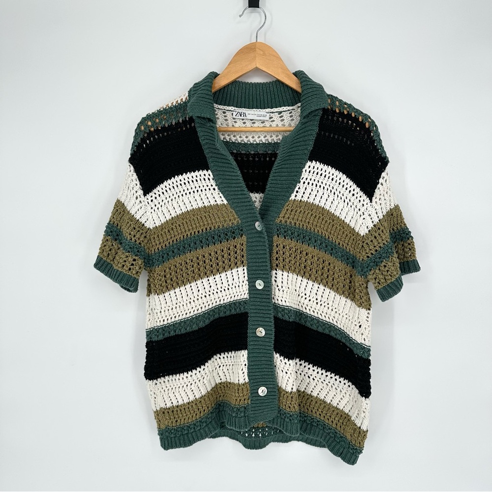 Zara Colorblock Striped Button Down Crochet Knit Polo Cardigan Sweater, Medium - Picture 6 of 14